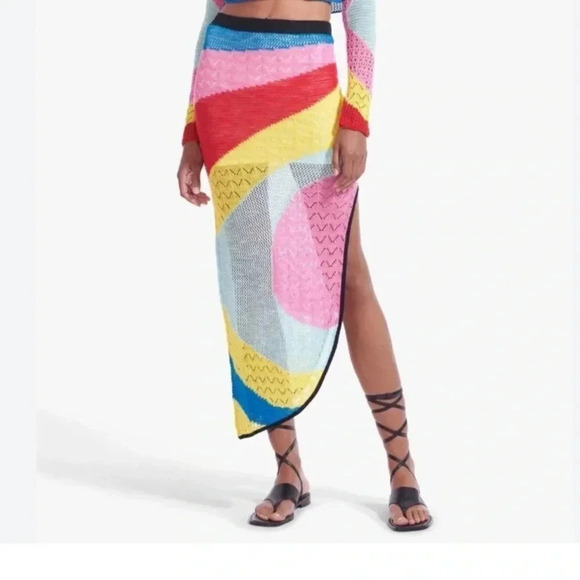 STAUD Dresses & Skirts - Staud Centre Rainbow Crochet Knit Asymmetric Linen Blend Midi Skirt